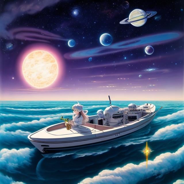 Prompt: Seymour Chwast, Alexandre Benois, Surreal, mysterious, strange, fantastical, fantasy, Sci-fi, Japanese anime, going down the Milky Way in a small boat, beautiful fairy girl on the moon, perfect body, starry sky, aurora, planets, space station, hyper detailed masterpiece 