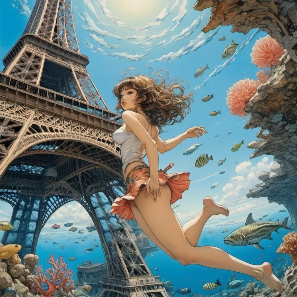 Prompt: Vladimir Favorsky full colours, Shigeru Hatsuyama, Masamune Shirow, yuko Shimizu, Warwick Goble, Surrealism, strange, bizarre, fantastical, fantasy, Sci-fi, Japanese anime, coral reef in the sky, the Eiffel Tower, the beautiful girl in a miniskirt diving freely, perfect voluminous body, detailed masterpiece low high angles perspectives 