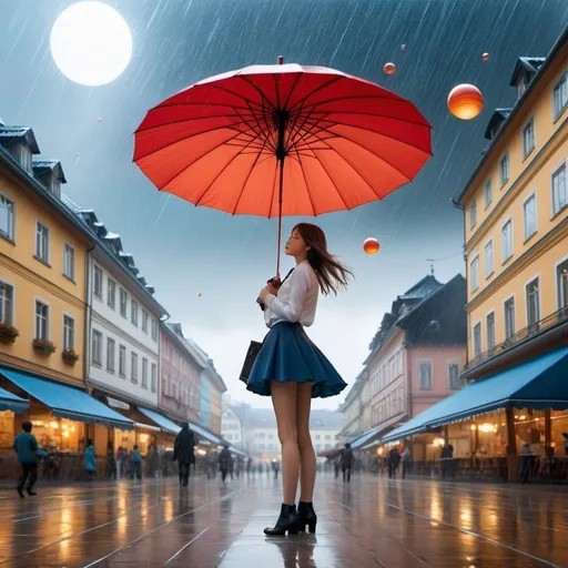 Prompt: Lisbeth Zwerger, Franz Sedlacek, Ewert Karlsson, Bettina Ehrlich, Christian Riese Lassen, Surrealism, wonder, weird, bizarre, fantasy, Sci-fi, Japanese anime, A solar system model floating in the air, in a town square where it is raining translucent blue, A beautiful high school girl in a miniskirt strolls around the square with a pale red umbrella, perfect voluminous body, detailed masterpiece 