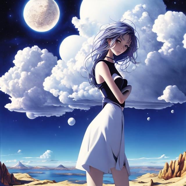 Prompt: Franciszka Themerson, Rohan Eason, Surreal, mysterious, strange, fantastical, fantasy, Sci-fi, Japanese anime, moonlit night orchestra, beautiful girl in miniskirt, perfect voluminous body, sea, space, clouds, detailed masterpiece 