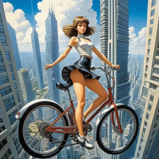 Prompt: David Mattingly, François-Louis Schmied, Surreal, mysterious, strange, fantastical, fantasy, Sci-fi, Japanese anime, growing city, higher up, beautiful girl in a miniskirt riding a floating bike, perfect voluminous body, between skyscrapers, bird’s eye views detailed masterpiece 