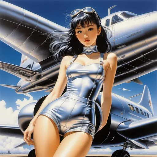 Prompt: Hajime Sorayama, Naoyuki Kato, Rolf Gohs, Yasuko Aoike, Con Chrisoulis, Surrealism, wonder, strange, bizarre, fantasy, Sci-fi, Japanese anime, connection between life and space, the world of rockets, a miniskirt beautiful high school girl in a utopia called airplanes, perfect voluminous body, detailed masterpiece 