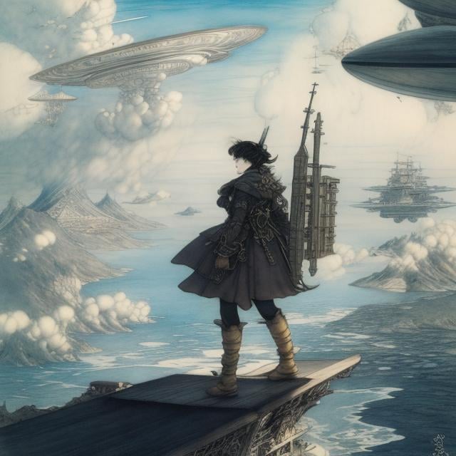 Prompt: Okamoto Ippei, Arthur Rackham, Surreal, mysterious, bizarre, fantastical, fantasy, Sci-fi, Japanese anime, woodworking, spaceship, do-it-yourself, inventive, miniskirt beautiful girl, perfect body, heading for the moon, blue sky, white clouds, detailed masterpiece 
