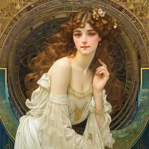 Prompt: Mabel Attwell, Alphonse Mucha, Kate Greenaway, Klimt, Arthur Rackham, Richard Dadd, Japanese Anime, Giant Seashell, solo girl, voluminous perfect body, scanty clothes, sweet innocent young beautiful face, Morse Communicator,  Kunstkammer, Microcosmos, Planetary Gear, detailed high resolution high definition high quality masterpiece 