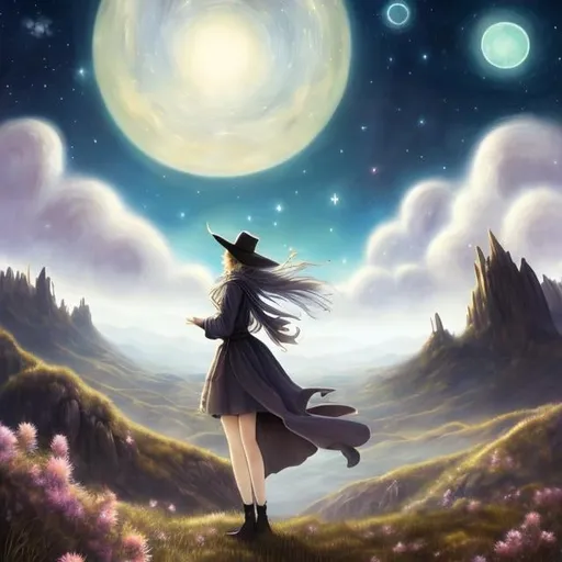 Prompt: Leonora Carrington, Yana Toboso, Surreal, mysterious, bizarre, fantastical, fantasy, sci-fi, Japanese anime, Alice, a beautiful blonde miniskirt girl lying on the hill and looking at the night sky, perfect voluminous body, bird’s eye view, cowboy shot, The universe is full of sparkling meteor showers, A blissful time, detailed masterpiece depth of field cinematic lighting 