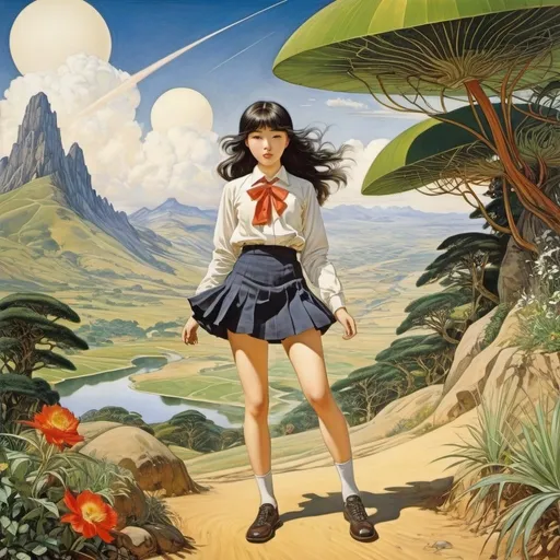Prompt: Marianne North, Orra White Hitchcock, Arthur Rackham, Jacques Tardi, Naoyuki Kato, Surrealism Mysterious Weird Fantastic Fantasy Sci-fi, Japanese Anime, sun is a Faraday motor that rotates due to the Lorentz force caused by Birkeland current, terrain on the earth is created by a huge plasma output, Electric cosmology, Beautiful high school girl in a miniskirt, perfect voluminous body, detailed masterpiece 