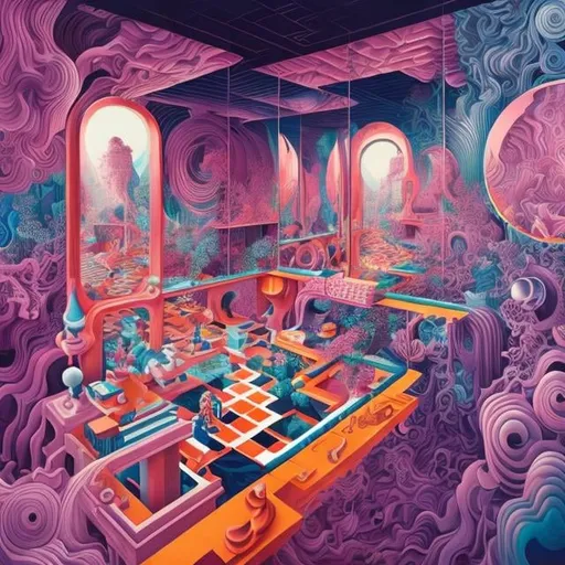 Prompt: M c Escher, vibrant colour, Emiliano Ponzi, Surreal, mysterious, strange, fantastical, fantasy, Sci-fi, Japanese anime, chessboard in front of a mirror, the world on the other side, a human mannequin without a head and arms, philosophy as a world, a reflective labyrinth, hyper detailed masterpiece colourful hand drawings