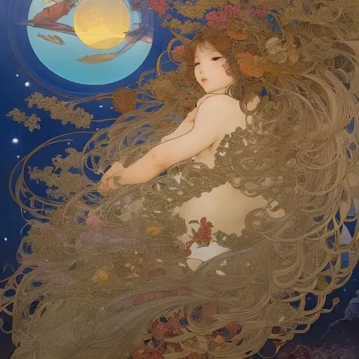 Prompt: Katsuhiro Otomo, Alphonse mucha, Surreal, mysterious, bizarre, fantastical, fantasy, Sci-fi, Japanese anime, marine natural history classroom, adventure begins in the nature right in front of you, night diving in the sea, at night, a beautiful girl, where the history of the earth, space, and the world of the deep sea intersect, detailed masterpiece 