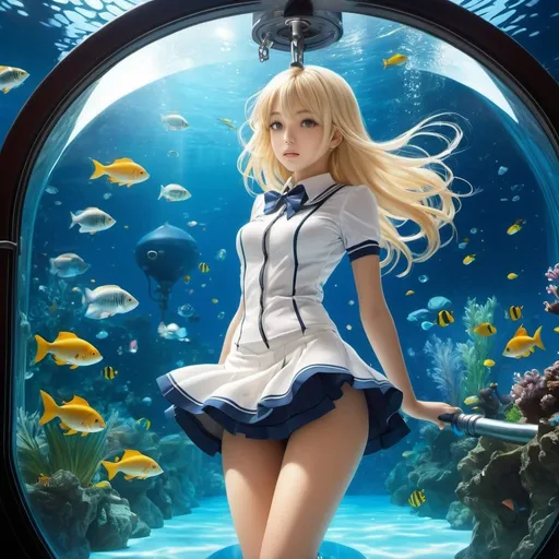 Prompt: Hiroshi Masumura, Jacqueline Lamba, Surrealism, wonder, strange, fantastical, fantasy, Sci-fi, Japanese anime, riding a diving bell and diving into an aquarium, a dream that calculates everything in the universe, beautiful blonde miniskirt girl Alice, perfect voluminous body, wet hair skin glistening, detailed masterpiece 