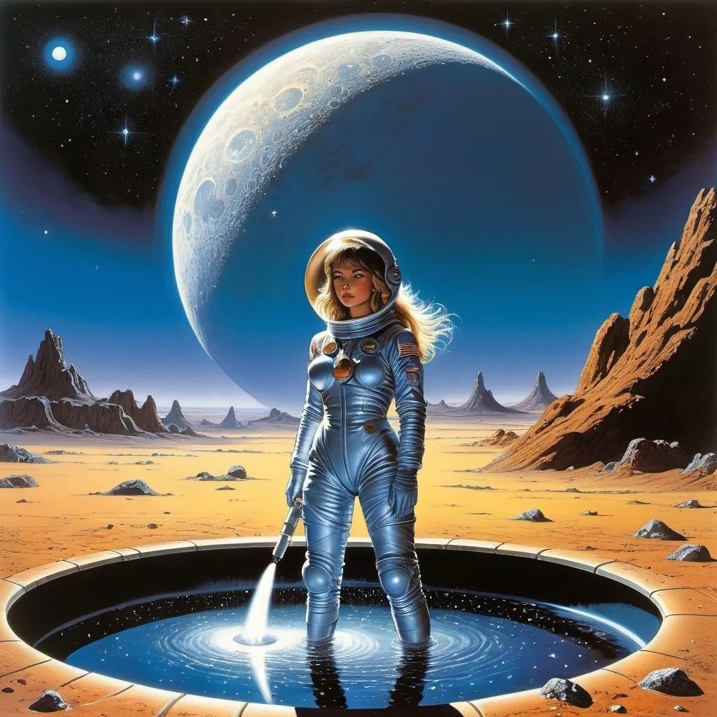 Prompt: Jean Giraud, Jim Burns, Virgil Finley, Hannes Bok, Larry Elmore, Surrealism Mysterious Weird Fantastic Fantasy Sci-fi, Japanese Anime, Stars, moon, comets, and sun of the Milky Way flowing out of a huge faucet, Beautiful girl in a space suit standing on the faucet and inspecting the Milky Way, perfect voluminous body, One-seater rocket, detailed masterpiece 