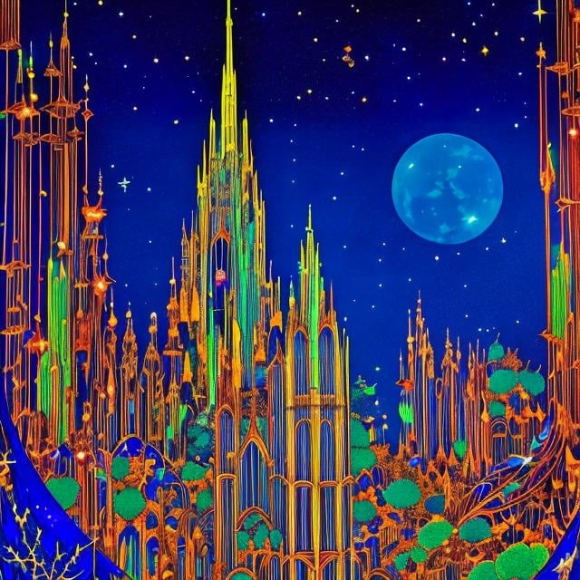 Prompt: Harry Clarke Anime　wondrous　strange　Whimsical　surreal　absurderes　fanciful　Sci-Fi Fantasy　Invited to the world of blue dreams　Planetarium Ghost Travel　Climb the Star Journey Boy Tower　Landscapes from different eras　Sleepless Boy Goes to Moon