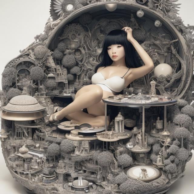 Prompt: Fabrizio Clerici, Katsuhiro Otomo, Mysterious, strange, surreal, bizarre, fantasy, Sci-fi, Japanese anime, ship cross section, beautiful girl on the seashore, perfect voluminous body, record player, detailed masterpiece 