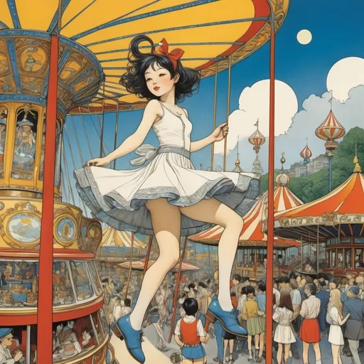 Prompt: Maurice Sendak, Yuko Shimizu, Ana Jarén, Heath Robinson, Max Ernst, Surrealism, wonder, strange, bizarre, fantasy, Sci-fi, Japanese anime, carousel blueprint, midnight amusement park, fun miniskirt beautiful high school girl riding on a coffee cup, perfect voluminous body, detailed masterpiece dynamic action angles perspectives 