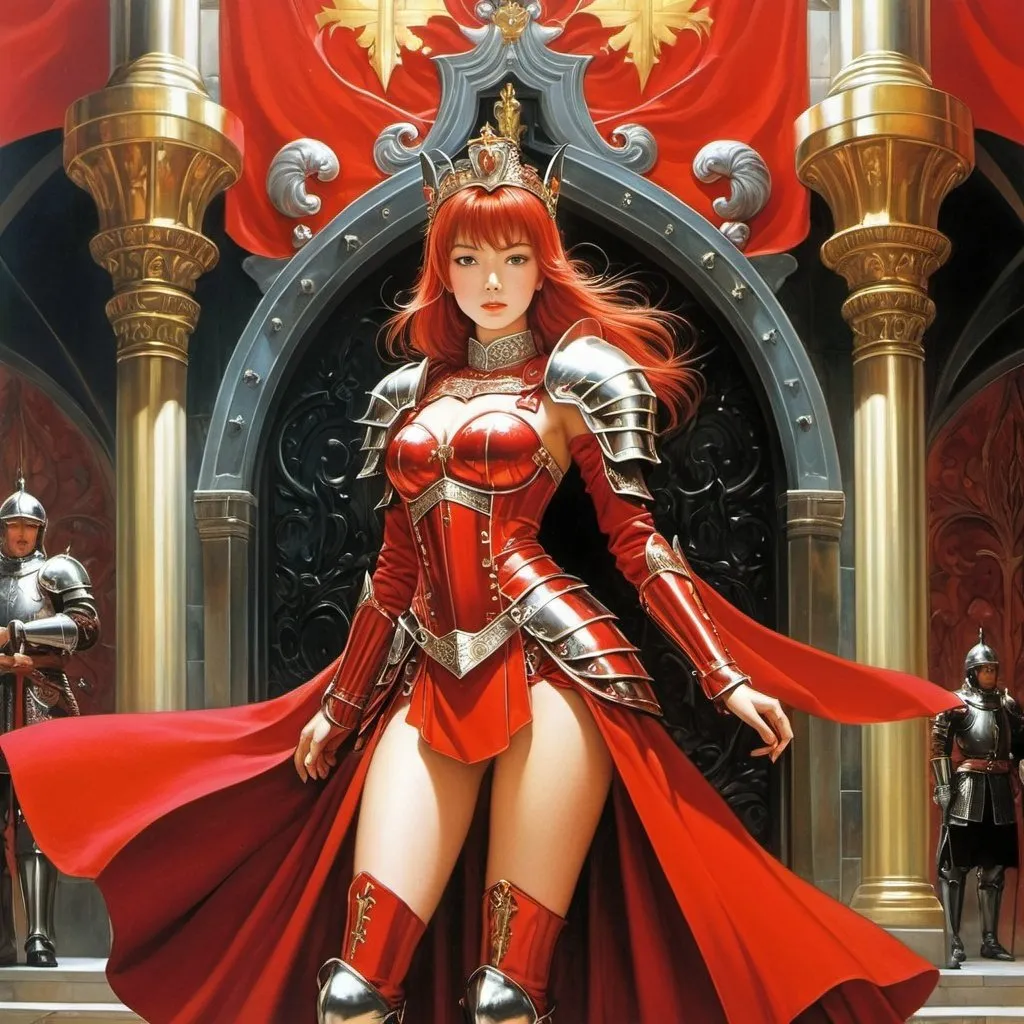 Prompt: Anne Anderson, Keith Parkinson, Surreal, mysterious, strange, fantastical, fantasy, sci-fi, Japanese anime, the commander of the knights in red armor, the throne room where he protects the miniskirt beautiful princess, perfect voluminous body, detailed masterpiece dynamic action 