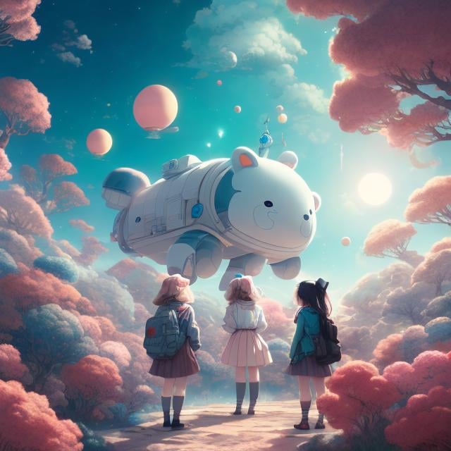 Prompt: James Jean, Kate Greenaway, Surreal, mysterious, strange, fantastical, fantasy, sci-fi, Japanese anime, giant stuffed bear, going on a space trip, with a beautiful high school girl in a miniskirt, hyper detailed masterpiece, high resolution definition quality, depth of field cinematic lighting 