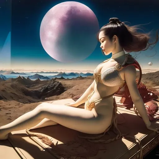 Prompt: Ilya Kabakov, Katsuya Terada, Surreal, mysterious, strange, fantastical, fantasy, Sci-fi, Japanese anime, shell of the moon, beautiful girl on the scales, perfect voluminous body, meridian, compass, detailed masterpiece bird’s eye views