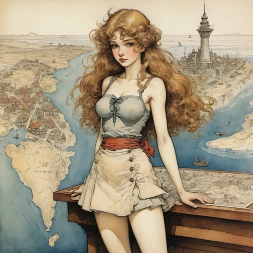 Prompt: Arthur Rackham, Charles Vess, Ghulam Rasool Santosh, David Wenzel, George Grosz, Surrealism, wonder, bizarre, bizarre, fantasy, Sci-fi, Japanese anime, panoramic city map, survey of Venus, Portolano type nautical chart, beautiful high school girl in a miniskirt who captures the world in an atlas, perfect voluminous body, detailed masterpiece 