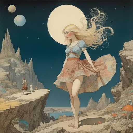 Prompt: Richard Dadd, Charles Robinson,Edmund Dulac, Sacha Zaliouk, Surrealism, mysterious, bizarre, fantastical, fantasy, Sci-fi, Japanese anime, the diversity of the basic structure of the universe, excavating and traversing layers, perspective drawings, cross-sectional views, creator of map images, blonde miniskirt beautiful girl Alice, perfect voluminous body, detailed masterpiece 