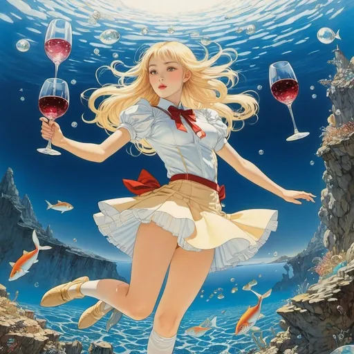 Prompt: Takeo Takei, Richard Dadd, Surreal, mysterious, strange, fantastical, fantasy, Sci-fi, jap Japanese anime, sea of ​​wine glasses, blonde miniskirt beautiful girl Alice, perfect voluminous body, diving, detailed masterpiece 