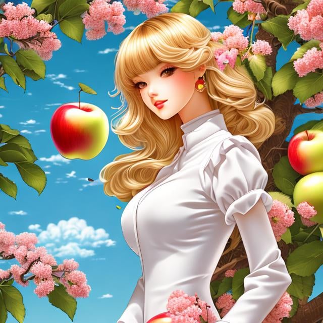 Prompt: Sydney Sime, Japanese anime, Katsuhiro Otomo, manga lines, Eve, solo girl, blonde hair innocent beautiful face, perfect body tight dress, under apple Tree, holding an apple, huge snake, hyperdetailed, realistic, high resolution, high quality, high definition, masterpiece 