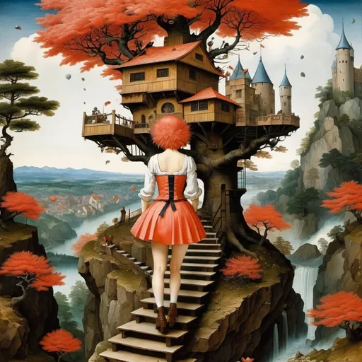Prompt: Pieter Bruegel the Elder, Hiroshi Masumura, Surreal, mysterious, strange, fantastical, fantasy, Sci-fi, Japanese anime, castle in the tree, spiral staircase with keyboard, coral hair, lady in miniskirt dress, perfect voluminous body, detailed masterpiece 