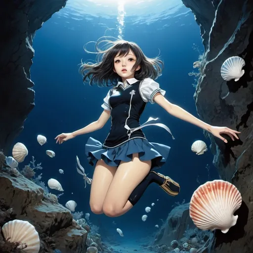 Prompt: Johan Thorn Prikker, Yoshinori Kanada, Henry Raleigh, Alex Schomburg, Yuriko Chiba, Surrealism, strange, bizarre, fantastical, fantasy, Sci-fi, Japanese anime, miniskirt beautiful high school girl diving into the depths of the blue midnight, collecting fragments of the broken moon and seashells, detailed masterpiece 