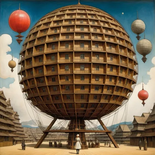 Prompt: Lebbeus Woods, Paul Klee, Giorgio de Chirico, Surreal, mysterious, bizarre, fantastical, fantasy, Sci-fi, Japanese anime, Ferris wheel, Roman wooden architecture, beautiful girl in a miniskirt, perfect voluminous body, stacked spheres, cubes, cones, triangular prisms, desks, chairs, umbrellas, towers of objects, detailed masterpiece low angles perspectives 