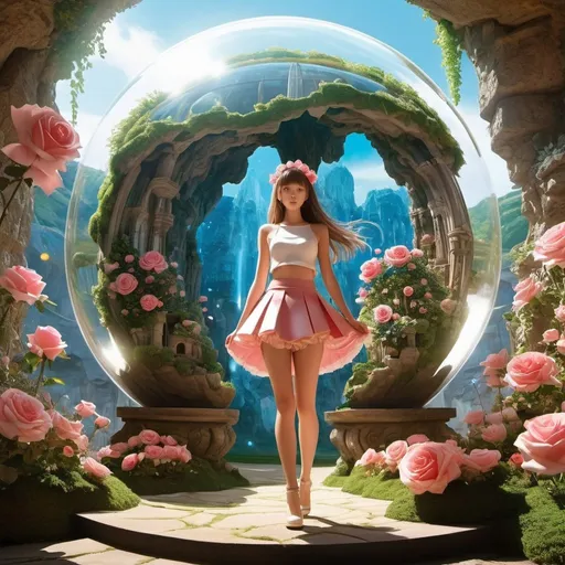 Prompt: Karl Walser, Anais Coulon, Jared Muralt, Surreal, mysterious, strange, fantastical, fantasy, Sci-fi, Japanese anime, architectural elements and plants, Grotta, beautiful rose princess in a miniskirt, perfect voluminous body, oracles and festivals in glass spheres, detailed masterpiece 