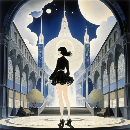 Prompt: Kay Nielsen, Ana Oncina, Tamayo Akiyama, Marc Chagall, Victoria Francés, Surrealism, Mysterious, Bizarre, Outlandish, Fantasy, Sci-Fi, Japanese Anime, Physics of Vision, Design and Illustrations of Invisible Architecture, Miniskirt Beautiful High School Girl, perfect voluminous body, detailed masterpiece 