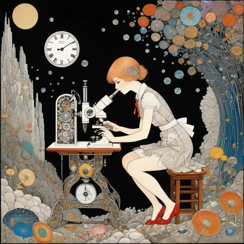 Prompt: Harry Clarke, Sara Fanelli, Katsuhiro Otomo, Takuya Fujima, George Barbier, Surrealism, wonder, bizarre, bizarre, fantasy, Sci-fi, Japanese anime, the history of elements, minerals, and fossils trapped in pebbles, atomic clocks and microscopic images, a beautiful girl scientist in a miniskirt looking through a microscope, perfect voluminous body, penstone, acritarch, chitinozoa, mica diving deep underground Ultra-microstructure of grains and quartz crystals, detailed masterpiece low high angles perspectives 