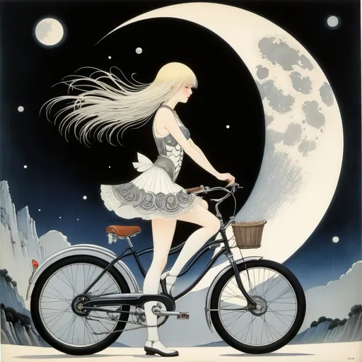 Prompt: Kay Nielsen, Monika Beisner, Surreal, mysterious, strange, fantastical, fantasy, Sci-fi, Japanese anime, soft moon, metafiction, bicycle and motorcycle, miniskirt beautiful girl, perfect voluminous body, detailed masterpiece 