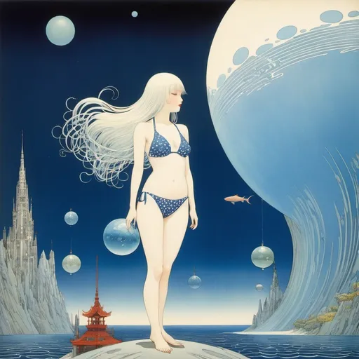Prompt: Kay Nielsen, Jean Giraud, Surreal, mysterious, strange, fantastical, fantasy, Sci-fi, Japanese anime, blueprint of a water planet, beautiful girl in a school swimsuit, perfect voluminous body, small submersible, detailed masterpiece perspectives