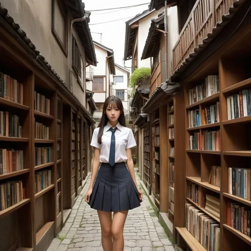 Prompt: Aleardo Terzi, Sulamith Wülfing, Pierre Roy, Nanae Haruno, Duilio Cambellotti, Surrealism, strange, bizarre, fantastical, fantasy, Sci-fi, Japanese anime, natural history of alleys, cities and spectacles, used bookstores as labyrinths, the life of a beautiful high school girl in a miniskirt, perfect voluminous body, detailed masterpiece 