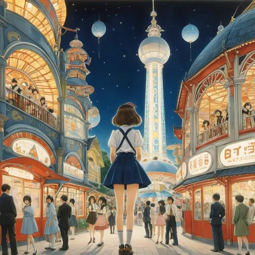 Prompt: Kazuhiro Fujita, Galileo Chini, Elsa Beskow, Ezio Anichini, yasuko Sakata, Surrealism, wonder, strange, bizarre, fantasy, Sci-fi, Japanese anime, Karakuri amusement park, open only at night, mechanical drawings, miniskirt beautiful high school girl, perfect voluminous body, detailed masterpiece 