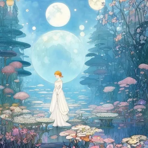 Prompt: Elsa Beskow, Charles Robinson, Margaret Tarrant Japanese Anime　surreal　absurderes　wondrous　strange　Whimsical　Sci-Fi Fantasy　Inside the theater　Floating Moon　a beauty girl