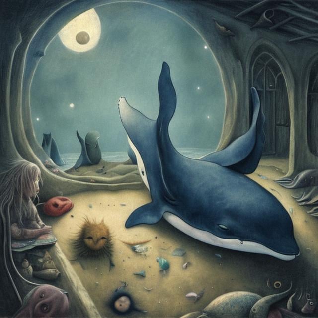 Prompt: Leonora Carrington,  Mabel Lucie Attwell, moon sleeping in basement, a girl wondering looking for her fate, whale beach, orb, detailed, high quality, high resolution, high definition, masterpiece 