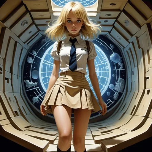 Prompt: Clifford Webb full colours, Tatsuyuki Tanaka, Susan Einzig, Marcello Dudovich, Lorenzo Petrantoni, Surrealism Mysterious Weird Fantastic Fantasy Sci-fi Fantasy Anime Labyrinth in a Box Miniskirt Blonde Beautiful Girl Alice Constellation Model, detailed masterpiece low high angles perspectives 