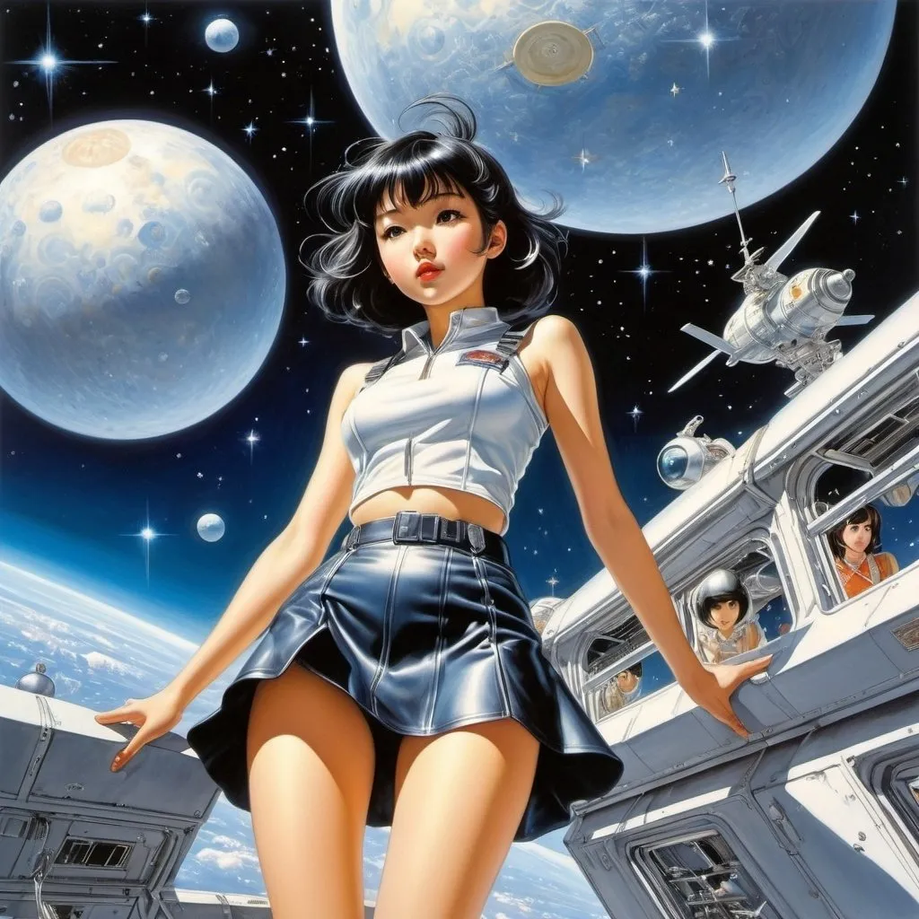 Prompt: Naoyuki Kato, Hajime Sorayama, Yu Rong, Wally Wood, Keiko Takemiya, Surrealism, wonder, strange, bizarre, fantasy, Sci-fi, Japanese anime, climbing the roof of the world, midday starry sky, beautiful girl in miniskirt, perfect voluminous body, space station, detailed masterpiece 