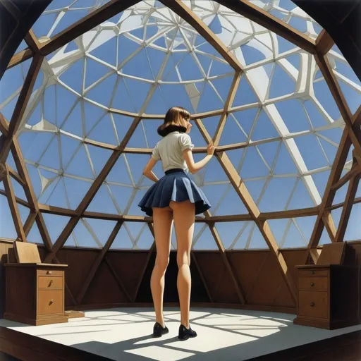 Prompt: Felice Casorati, David A. Hardy, M C Escher, Surreal, mysterious, bizarre, fantastical, fantasy, Sci-fi, Japanese anime, geodesic dome blueprints and architecture, glass, perspective and cross-sectional views, perspective, miniskirt beautiful girl researcher, perfect voluminous body, detailed masterpiece 