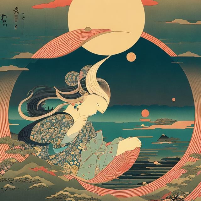 Prompt: Ukiyo-e style, Charles Doyle, Margaret Tarrant, Japanese Anime Surreal Fantasy Mysterious Strange Fantastic Sci-Fi Fantasy Crescent Moon Girl Night Traveler Moonlight Realm When the Moon Sleeps, hyperdetailed high resolution high definition high quality masterpiece