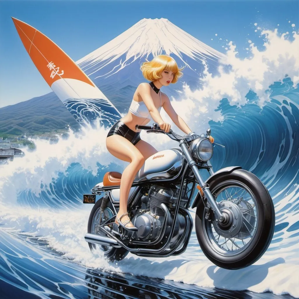 Prompt: Jessie Gillespie, Hajime Sorayama, Surreal, mysterious, strange, fantastical, fantasy, Sci-fi, Japanese anime, views of Mt Fuji, hot pants short-haired beautiful girl riding the waves, perfect voluminous body, boyish, fun, detailed masterpiece dynamic action poses low high angles hand drawings