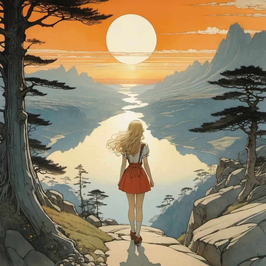 Prompt: Arthur Rackham, Emiliano Ponzi, Richard Doyle, Surrealism, wonder, strange, bizarre, fantasy, Sci-fi, Japanese anime, the kingdom where the sun is born, the distance beyond the darkness of the universe, Alice, a beautiful blonde miniskirt girl, went out in search of the sun, perfect voluminous body, detailed masterpiece 