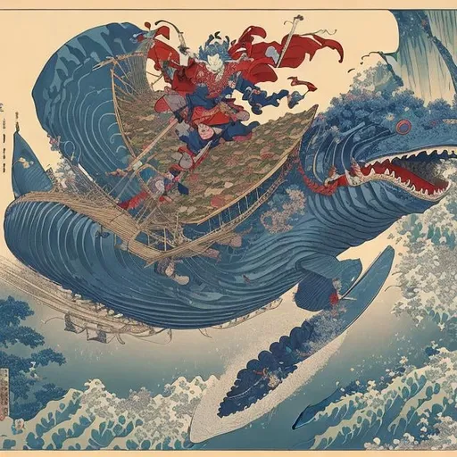 Prompt: Jean Giraud, Katsushika Hokusai　Eugène Grasset, Japanese anime, sci-fi fantasy circus trapeze flying whale cicada　Alice at the Tea Party Hyperdetailed high definition high resolution high quality masterpiece