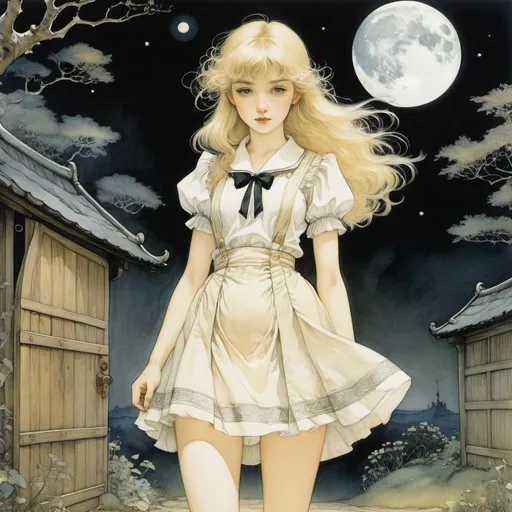 Prompt: Arthur Rackham, Millicent Sowerby, Angela Barrett, Levi Pinfold, Fiona Lumbers, Surrealism Mysterious Weird Fantastic Fantasy Sci-Fi, Japanese Anime, A group under the moon, Beyond the door at the end of the century, Blonde miniskirt beautiful girl Alice, perfect voluminous body, detailed masterpiece 