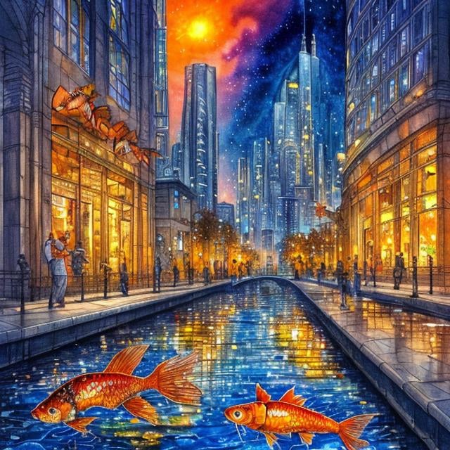 Prompt: John Stephens style, city scape, night, goldfish swimming in the air, water colour and sketch, 