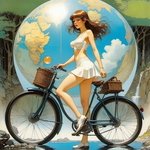 Prompt: Harvey Dunn, Heath Robinson, Echo Chernik, Surreal, mysterious, strange, fantastical, fantasy, Sci-fi, Japanese anime, map world in the mirror, bicycle trip of a beautiful girl in a miniskirt, perfect voluminous body, hot spring, glass bottle, detailed masterpiece 