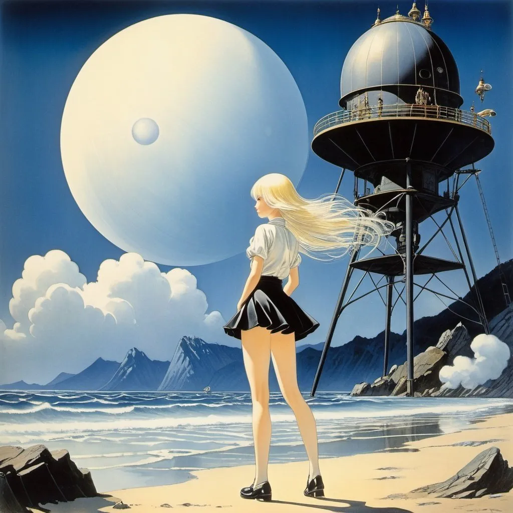 Prompt: Adolf Born, Renáta Fučíková, Kay Nielsen, Štěpán Zavřel, Shigeru Tamura, Surrealism Mysterious Weird Fantastic Fantasy Sci-fi, Japanese Anime, Miniskirt Flying Beautiful Girl, perfect voluminous body, Giant Washed Up on the Shore Telescope, detailed masterpiece 