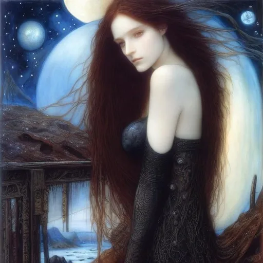 Prompt: Elizabeth Siddal, Luis Royo, Surreal, mysterious, strange, fantastical, fantasy, Sci-fi, Japanese anime, comic art, Kairasai's pre-divination records of Primorye, drifting in the final world, aesthetics of desolation, beautiful lady traveller perfect voluminous body, cactus fantasy, but the stars flow, detailed masterpiece 