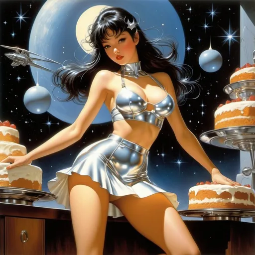 Prompt: Hajime Sorayama, Naoyuki Kato, Earle Kulp Bergey, Frank Rudolph Paul, Boris Vallejo, Michael Komarck, Surrealism, wonder, strange, bizarre, fantasy, sci-fi, Japanese anime, a miniskirt beautiful girl who bakes a cake with the heat of the starlight of Altair, perfect voluminous body, When the cake is cut small stars scatter, detailed masterpiece 