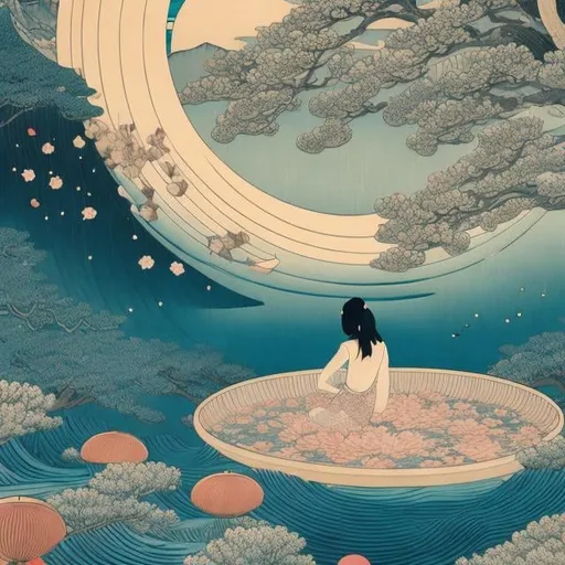 Prompt: Ukiyo-e style, George Barbier, Japanese anime,,woodblock print style, surreal, mysterious, bizarre, fantastical, fantasy, sci-fi, broken moon, girl, sinking in the pool, detailed, high resolution definition quality masterpiece, cinematic lighting, depth of field, focus, vibrant colour 